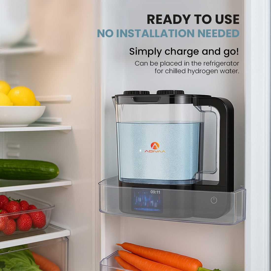Hydrogen water generator in a refrigerator with text indicating no installation needed.