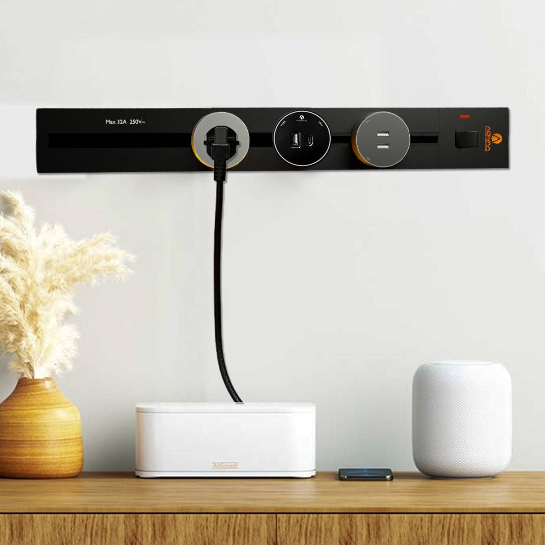 Close-up of the Adivaa Power Track and Socket, featuring multiple outlets and a modern, functional design