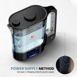 Black and clear water filter pitcher with digital display on a white background