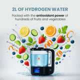 Hydrogen water dispenser with fruits and vegetables around it on a light gray background