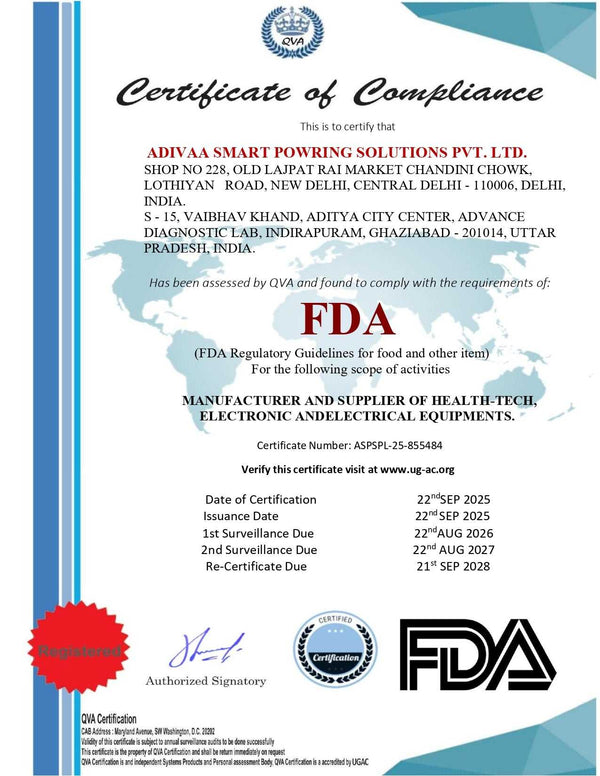 FDA certificate for Adivaa Smart Powering Solutions Pvt. Ltd.
