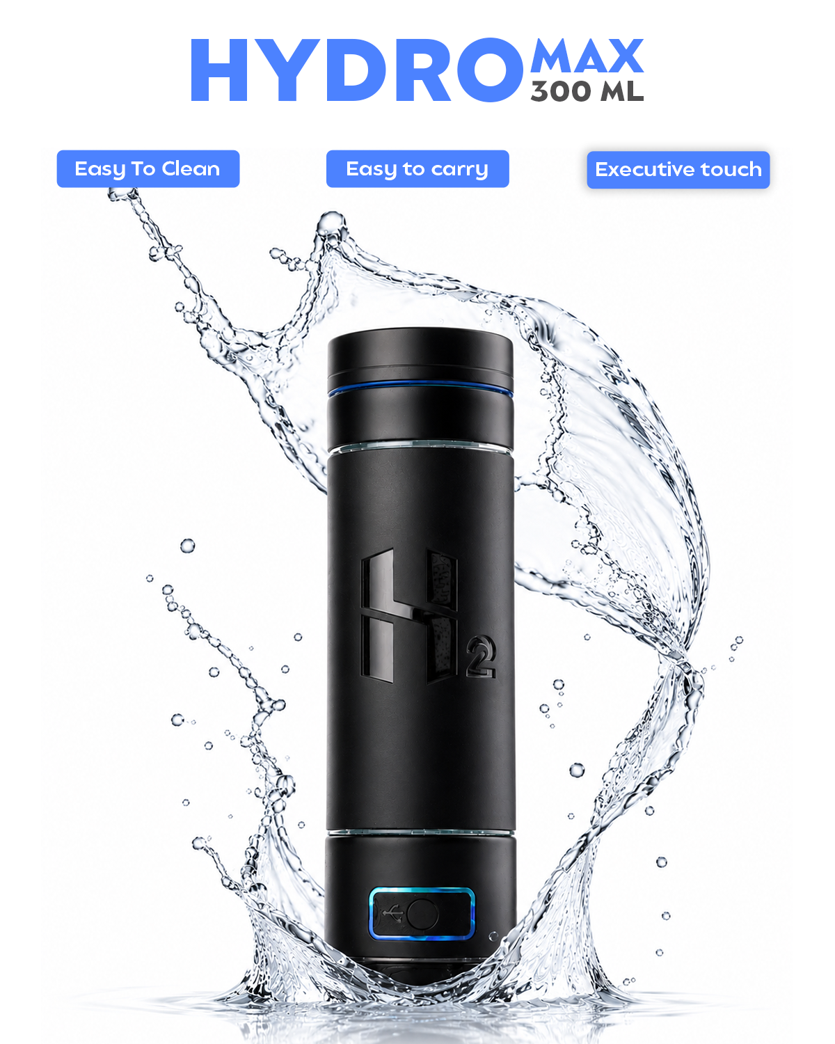 Black water bottle with water splashes and 'Hydro Max' branding Adivaa on a white background. Hydrogen Water Side Effects. The Honest Answer