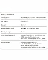 Product information card for a portable hydrogen water bottle with details on capacity, price, and contact information.