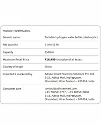 Product information card for a portable hydrogen water bottle with details on capacity, price, and contact information.