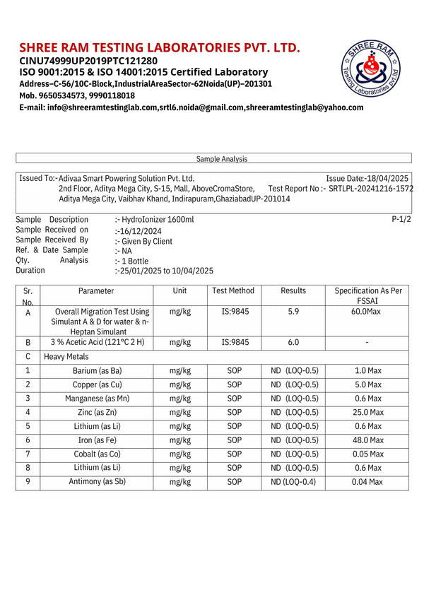 Migration test report, 1600 ml · page 1