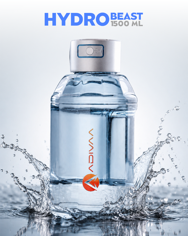Aquaviva Hydro Beast 1500 ML water bottle with splashing water effect on a light gray background