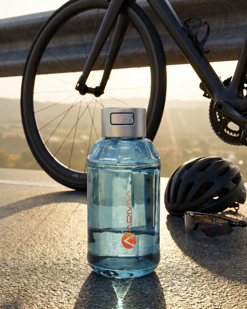 HydroBeast on a roadside barrier beside a road bike and helmet