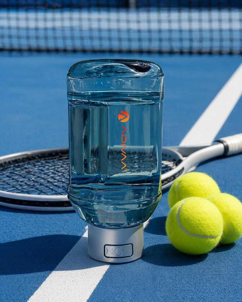 HydroBeast standing on its generator cap on a blue tennis court beside a racquet and balls