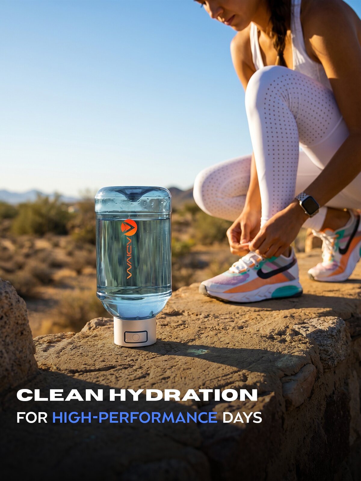 Clean hydration for high-performance days: HydroBeast beside a runner lacing her shoes
