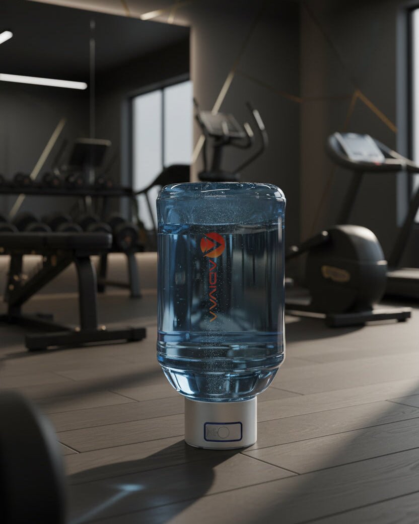 HydroBeast standing on its generator cap in a dark gym