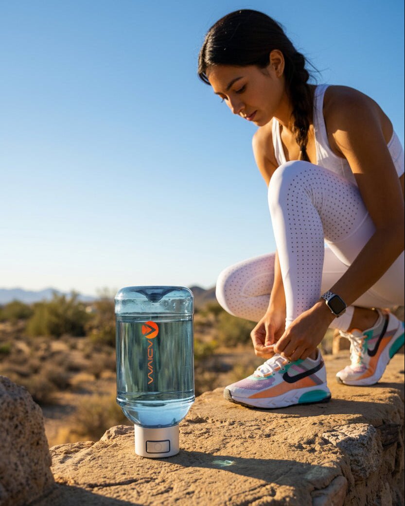 A runner lacing her shoes beside HydroBeast on a desert rock