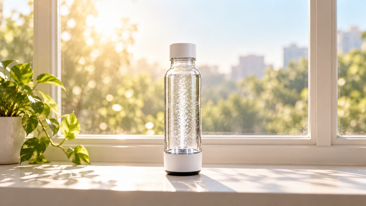 HydroGo on a sunlit windowsill, hydrogen bubbles visible through the clear body