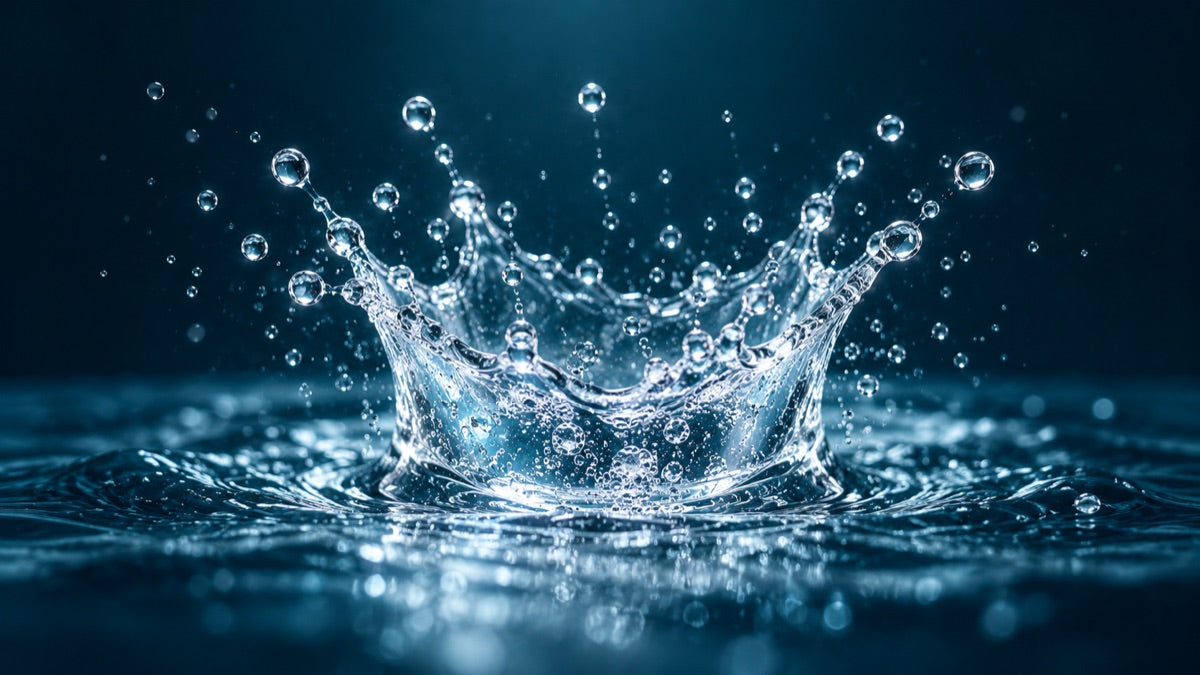 Clear water splashing into droplets against a deep teal backdrop