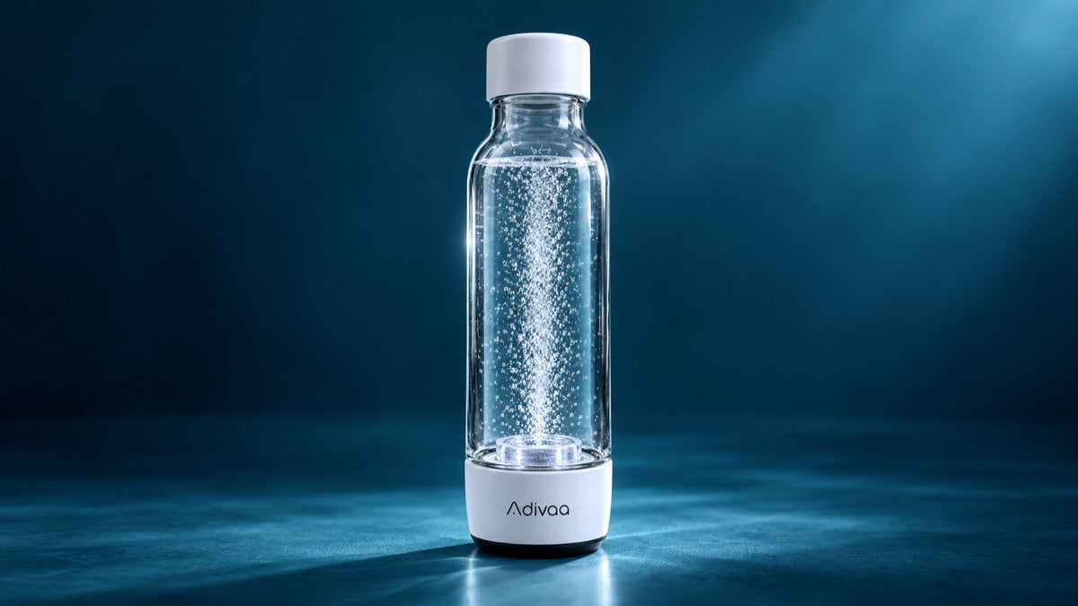 HydroGo against a deep teal backdrop, a column of hydrogen micro-bubbles rising through the water
