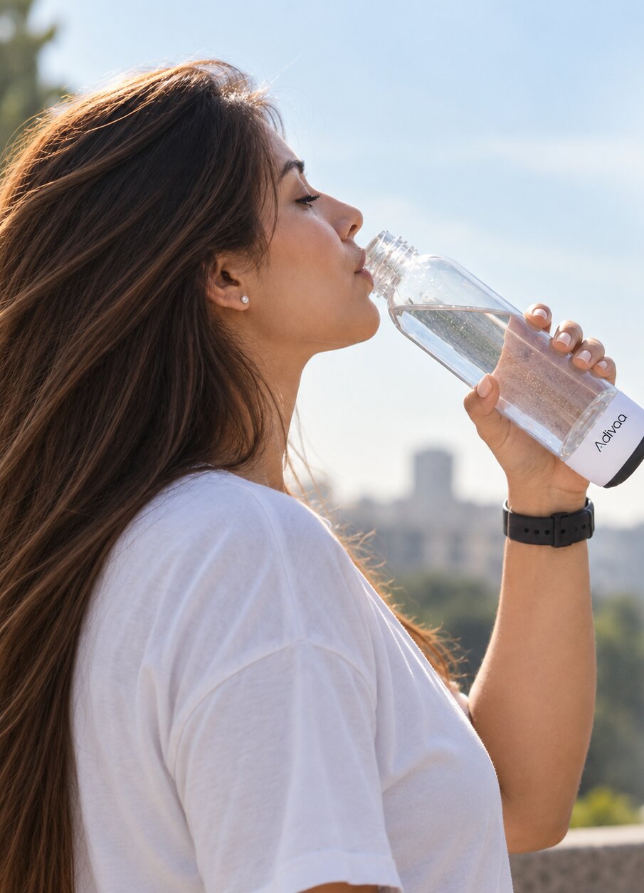 A woman drinking hydrogen water from HydroGo outdoors on a sunny day