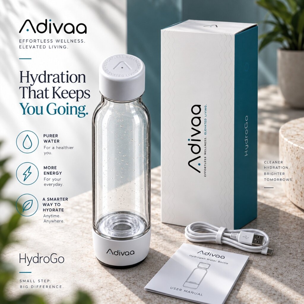 HydroGo beside its box, USB-C cable and user manual: hydration that keeps you going