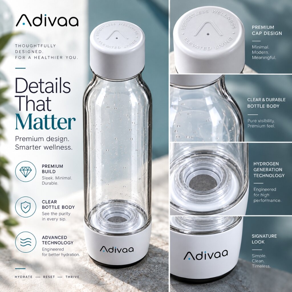 Details that matter: premium cap design, clear and durable bottle body, hydrogen generation technology, signature look