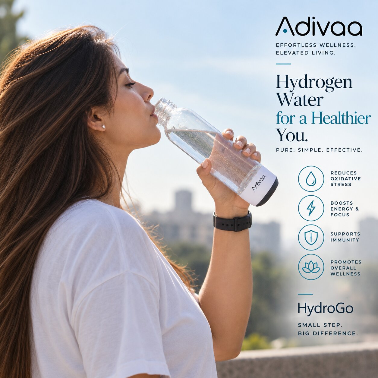 A woman drinking from HydroGo outdoors: hydrogen water for a healthier you, reduces oxidative stress, boosts energy and focus, supports immunity, promotes overall wellness