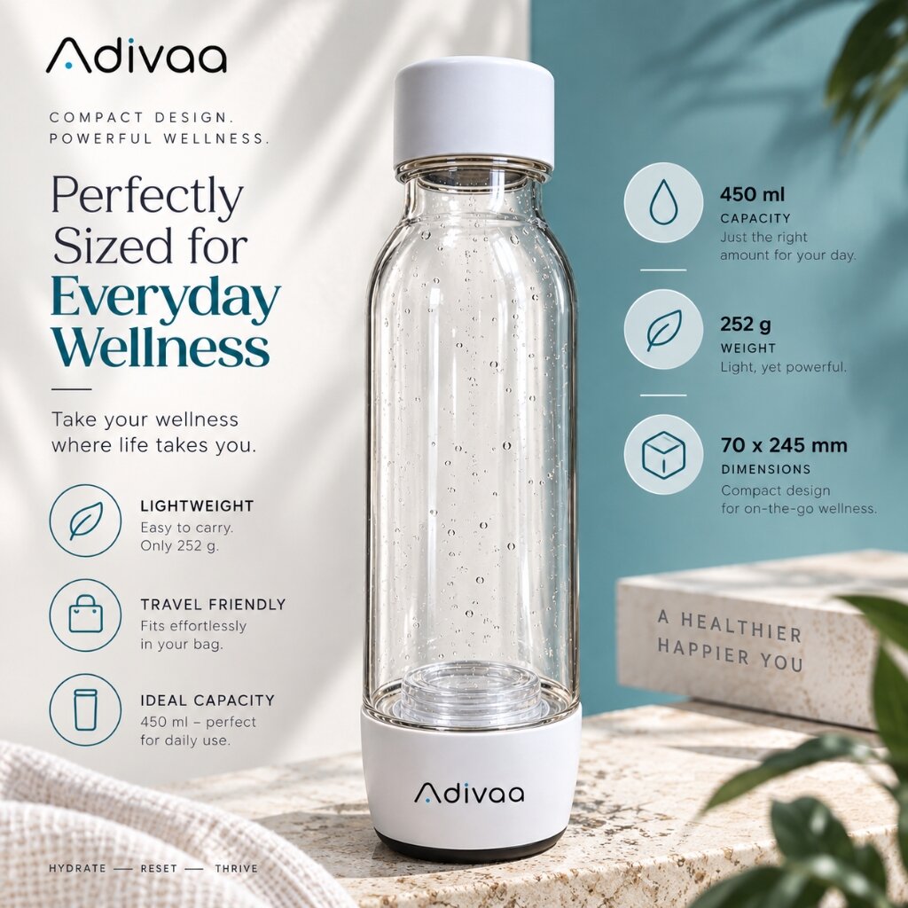 Perfectly sized for everyday wellness: 450 ml capacity, 252 g weight, 70 x 245 mm, lightweight and travel friendly