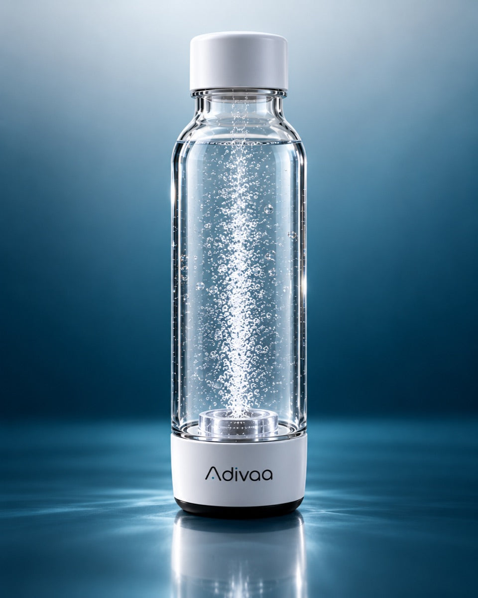 HydroGo mid Deep Hydration: a column of hydrogen micro-bubbles rising through the water from the generator in its base