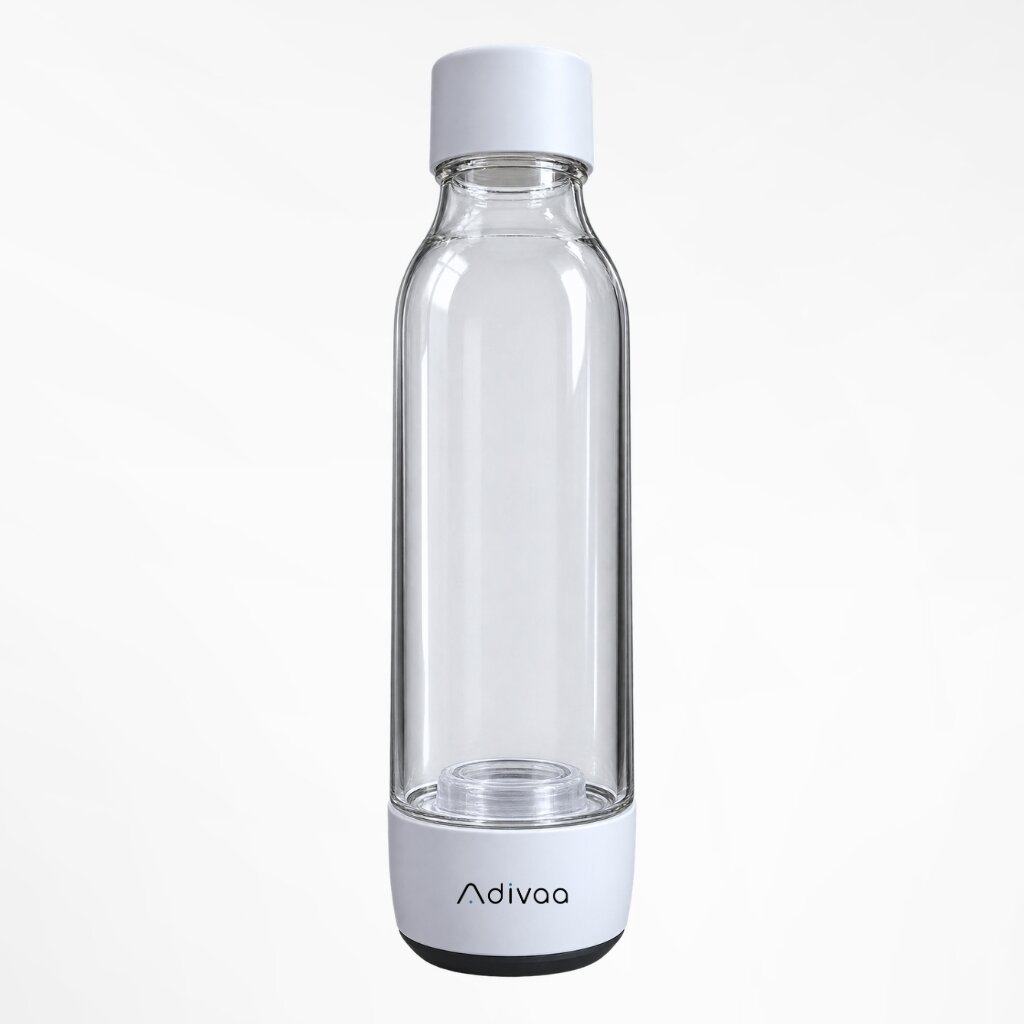 Adivaa HydroGo 450 ml portable hydrogen water bottle: a clear body between a white cap and a white base with the Adivaa wordmark