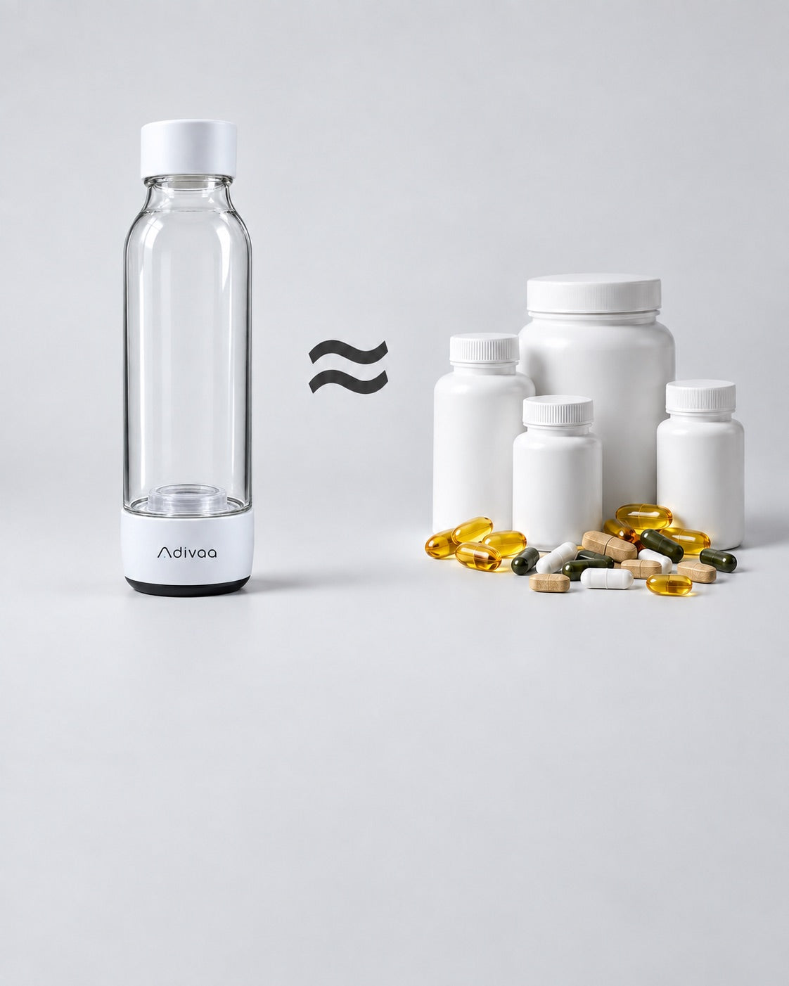 HydroGo beside a pile of supplement bottles and capsules