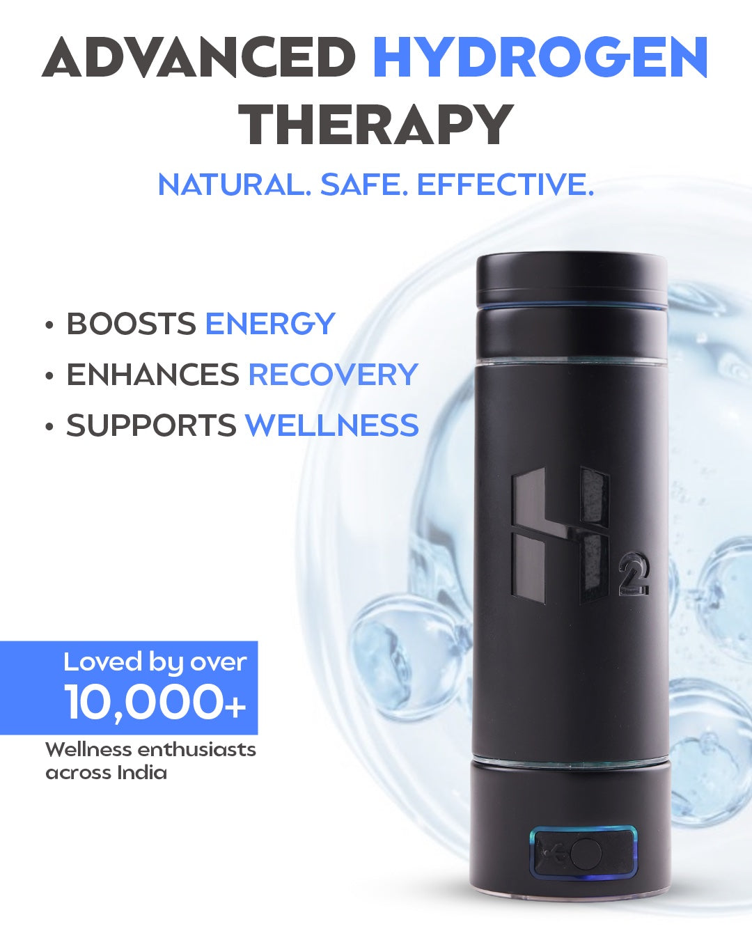 Advanced hydrogen therapy: the bottle over splashing water