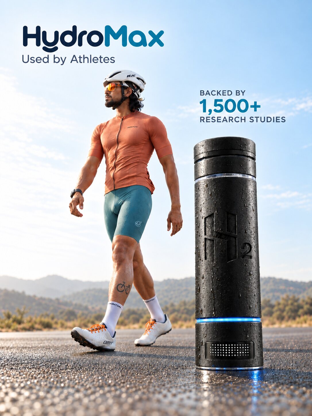 HydroMax, used by athletes: a cyclist walking past the bottle on a mountain road. Backed by 1,500+ research studies