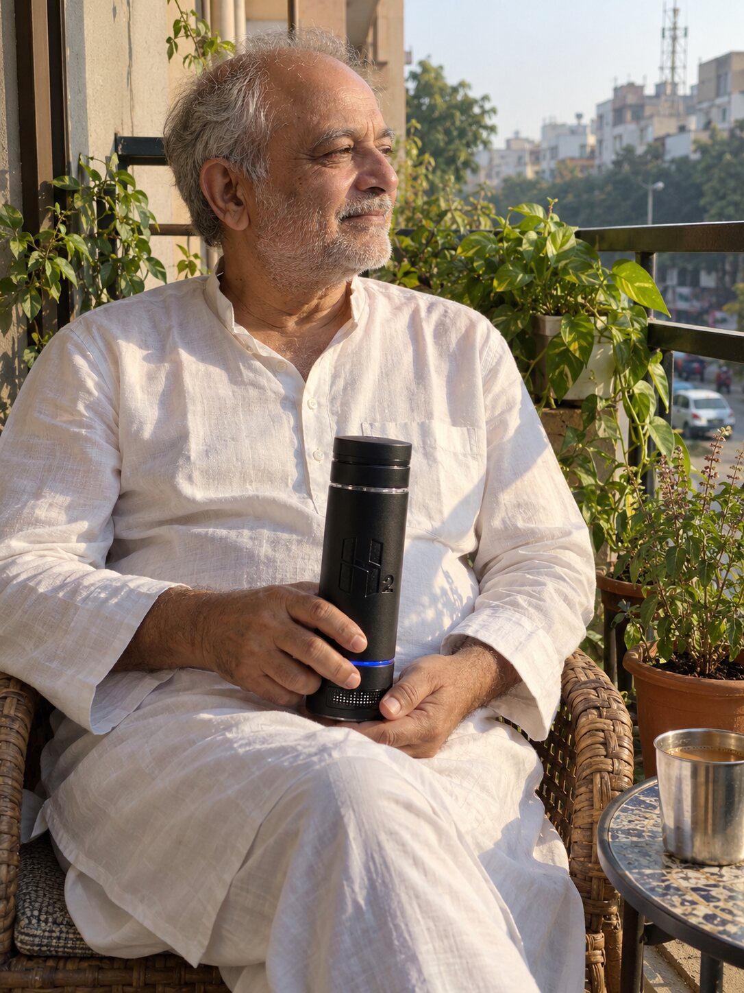 An older man holding HydroMax on a sunny balcony
