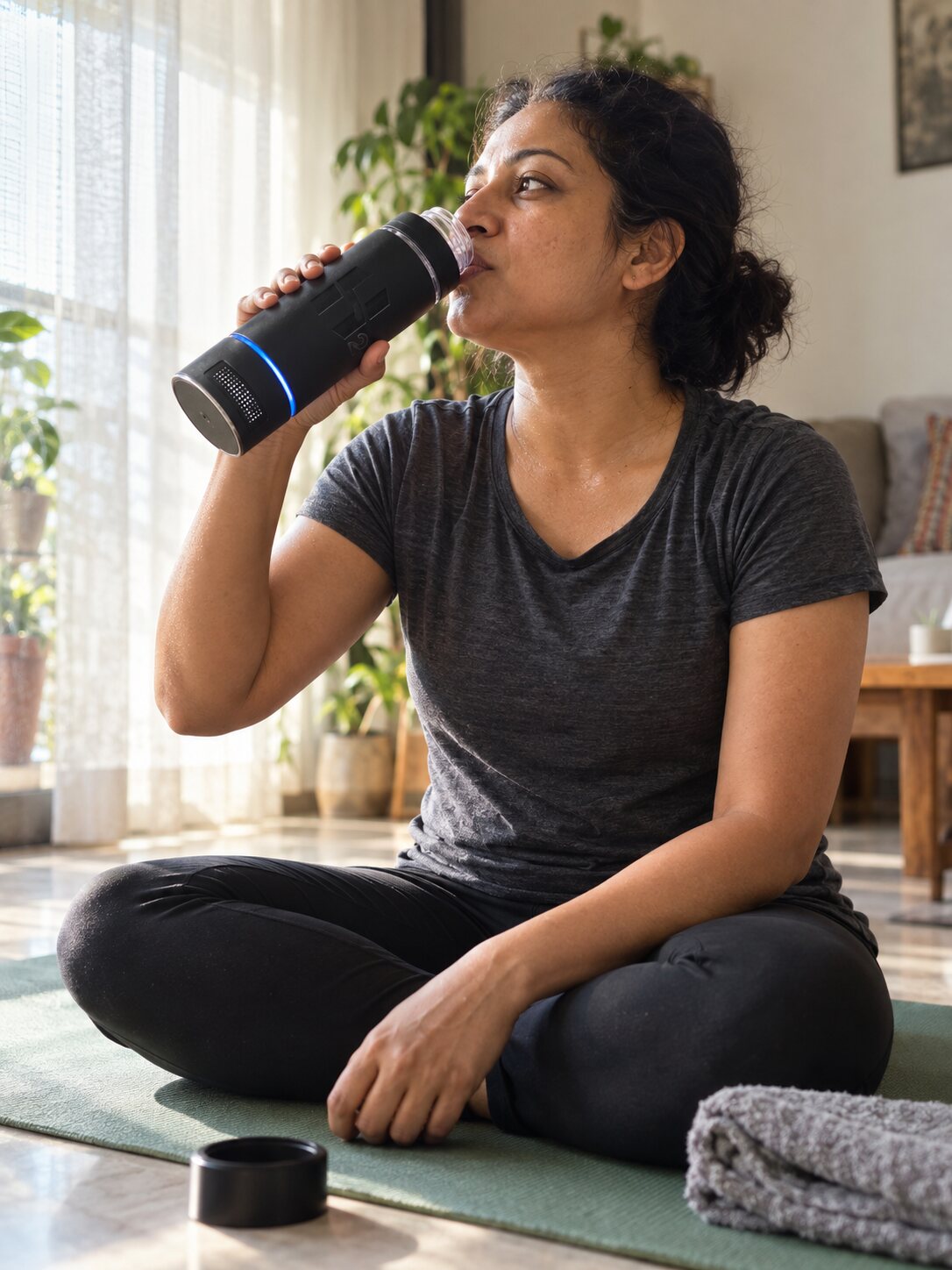 A woman drinking hydrogen water from HydroMax on her yoga mat