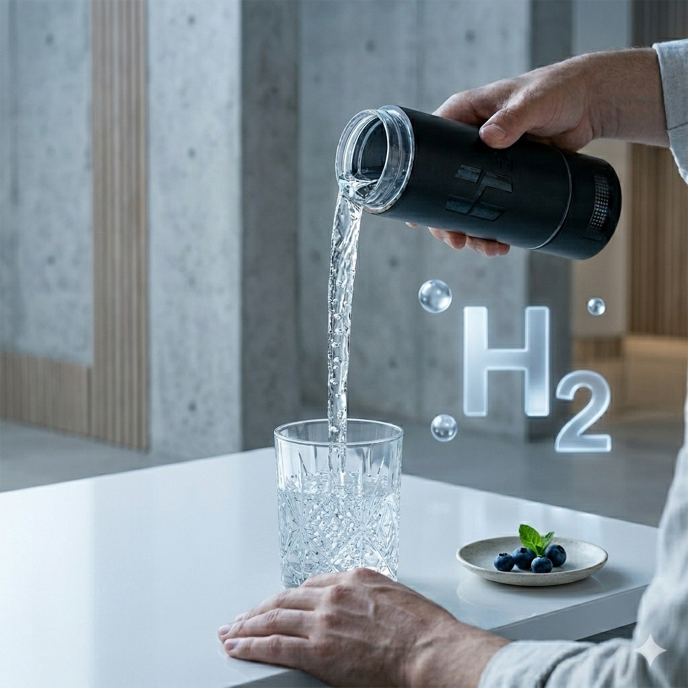 Water being poured from the HydroMax bottle into a glass