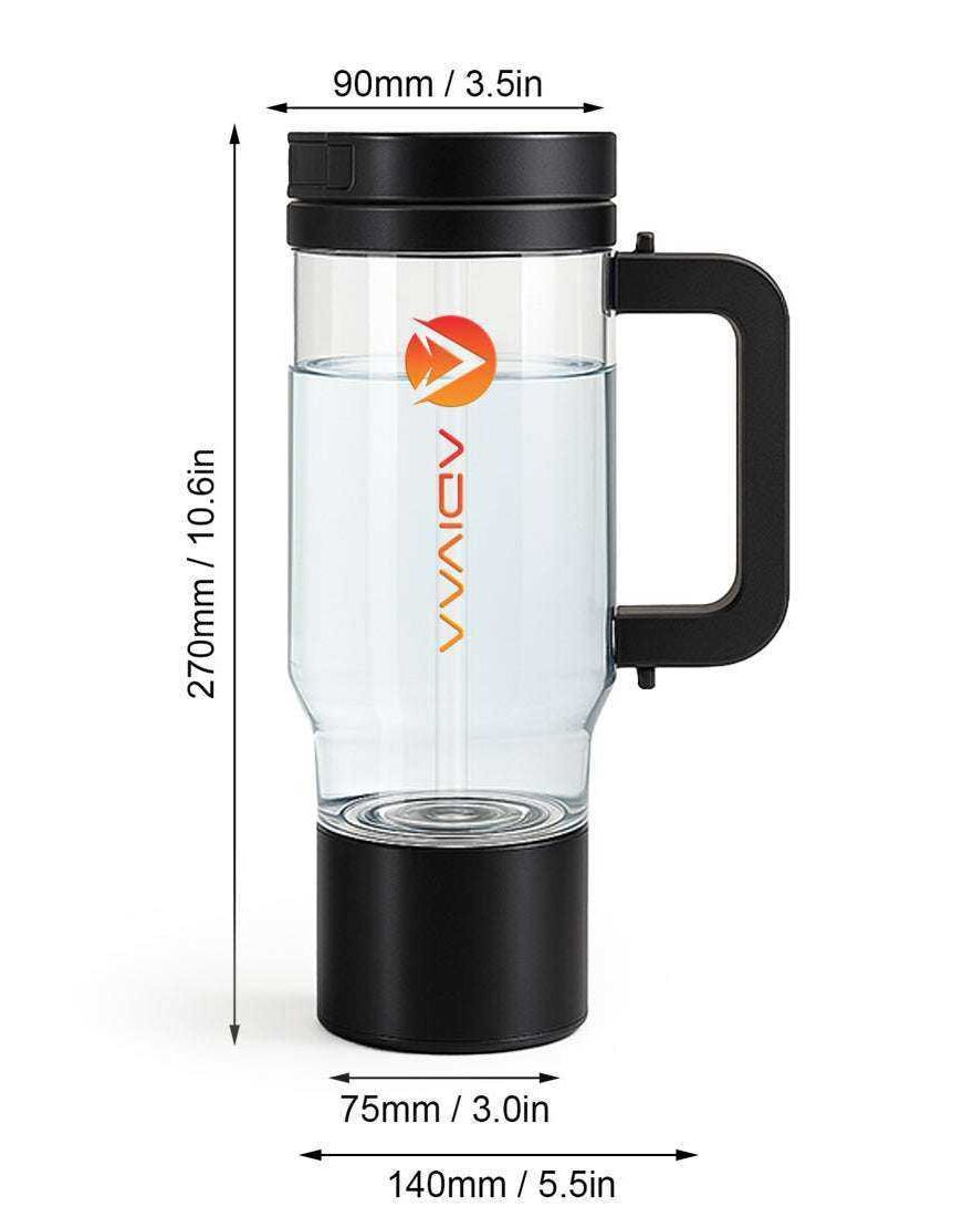 HydroSipr dimensions: 270 mm tall, 90 mm across the lid, 75 mm across the base, 140 mm wide with the handle