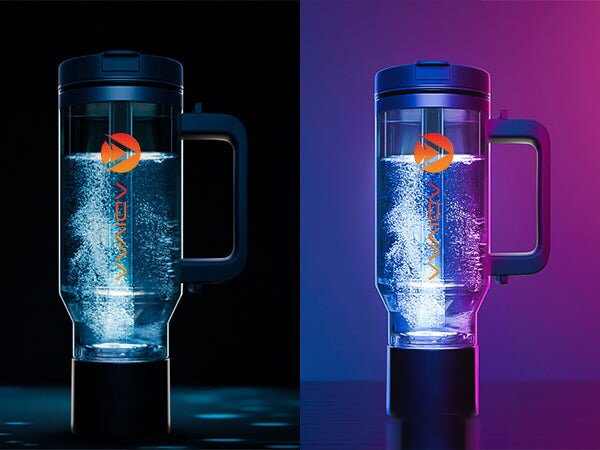 Two HydroSipr bottles mid-cycle, streams of hydrogen bubbles rising through the water