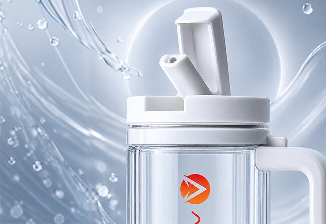 The white HydroSipr's flip-top lid, open, with water splashing behind it