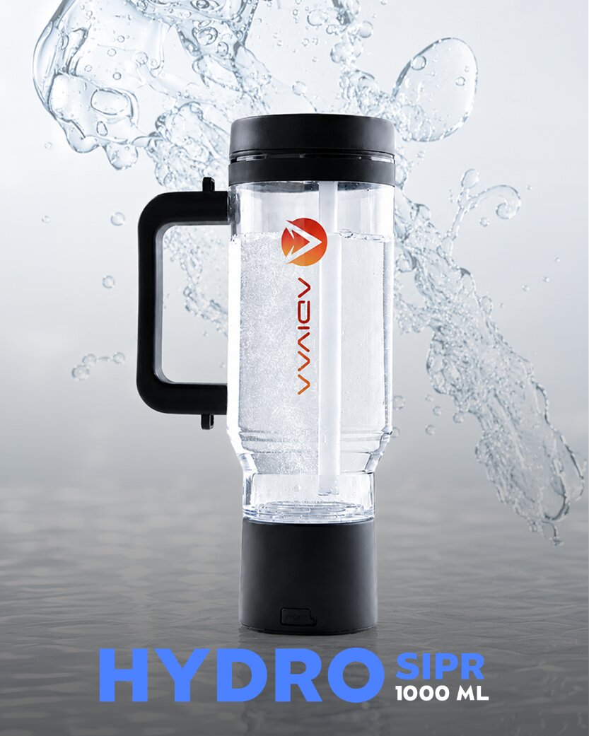 The black HydroSipr 1000 ml with a column of fine hydrogen bubbles rising through the water