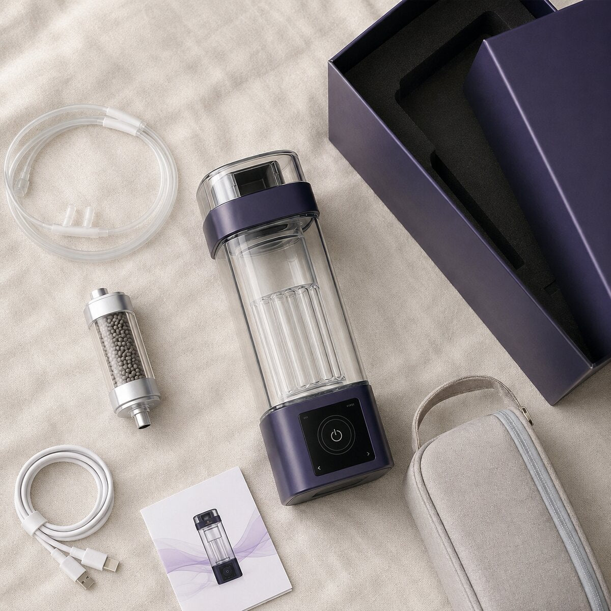 The kit laid out: bottle, cannula, spare cartridge, cable and pouch