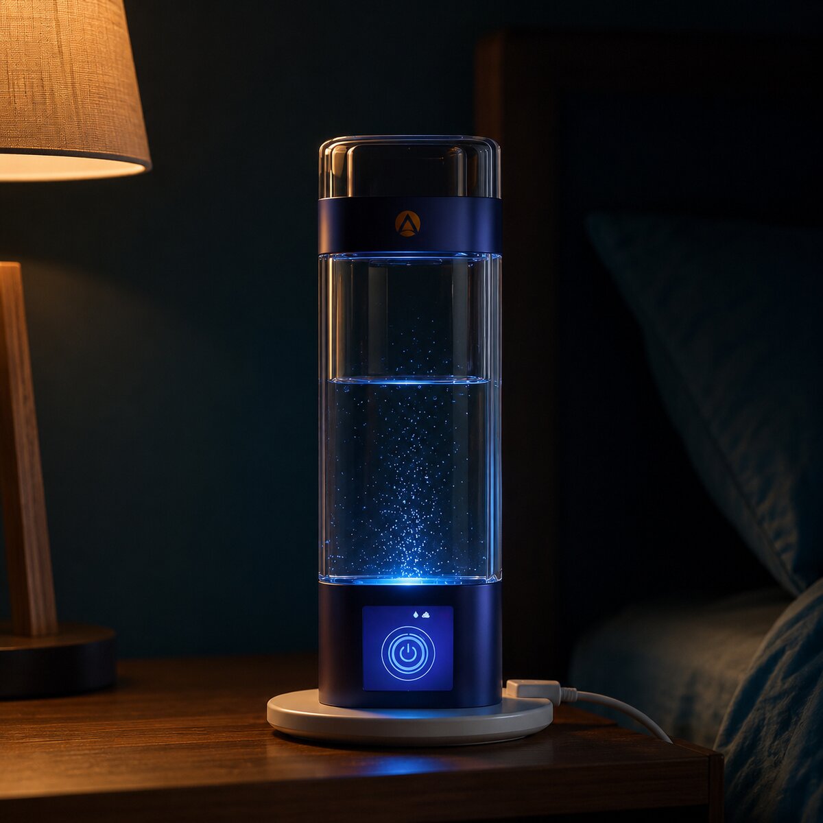 The bottle charging on a wireless pad at night, panel glowing