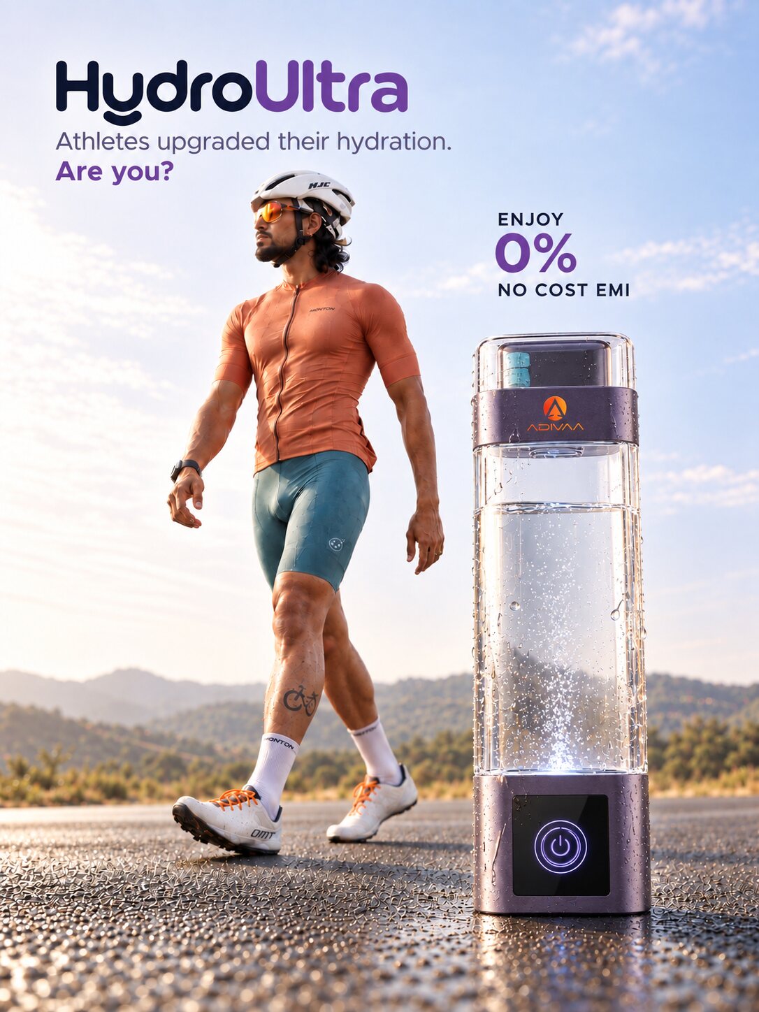 HydroUltra: athletes upgraded their hydration. Are you? A cyclist walking past the bottle on a mountain road