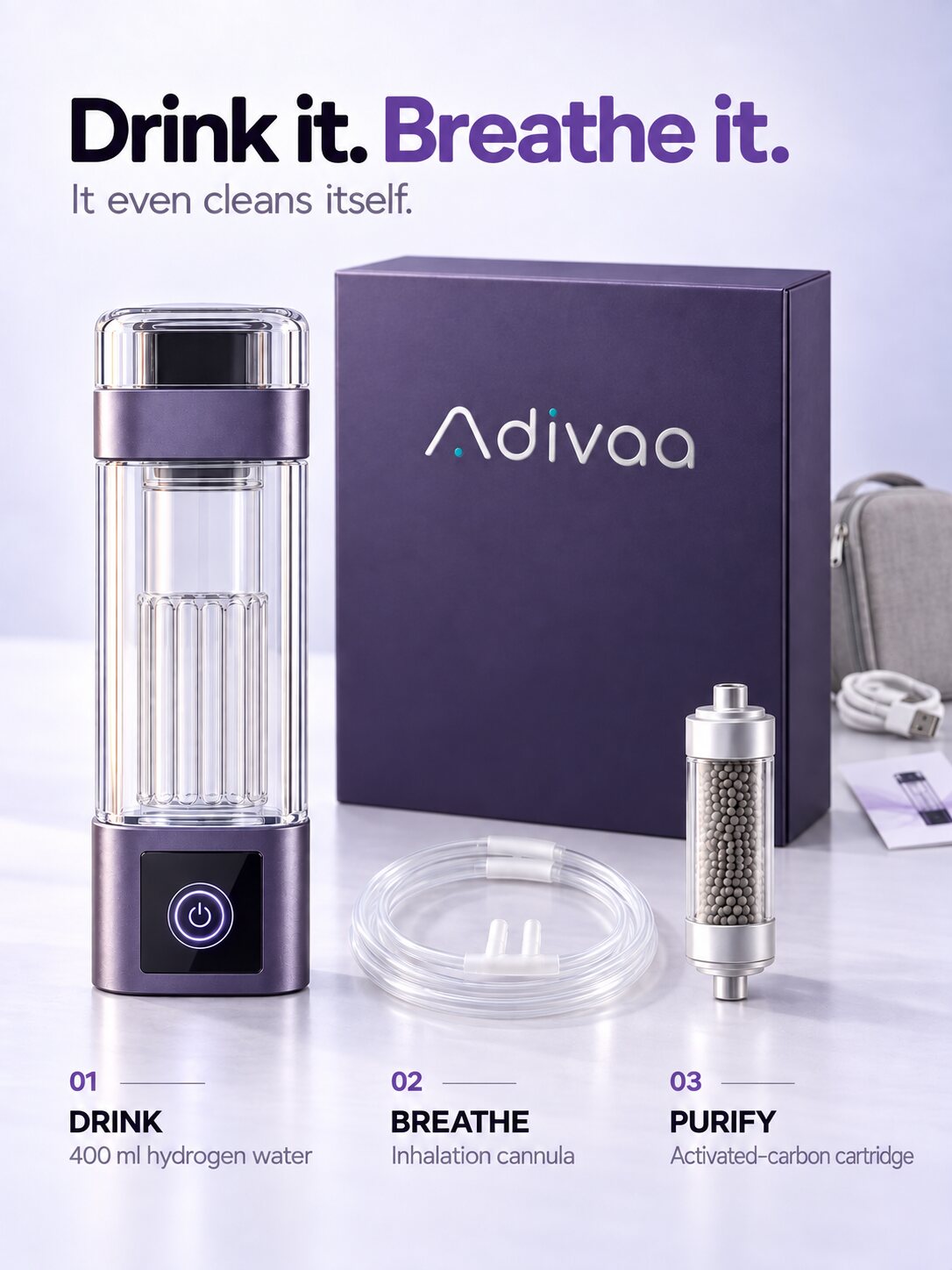 Drink it. Breathe it. It even cleans itself: 400 ml hydrogen water, inhalation cannula, activated-carbon cartridge