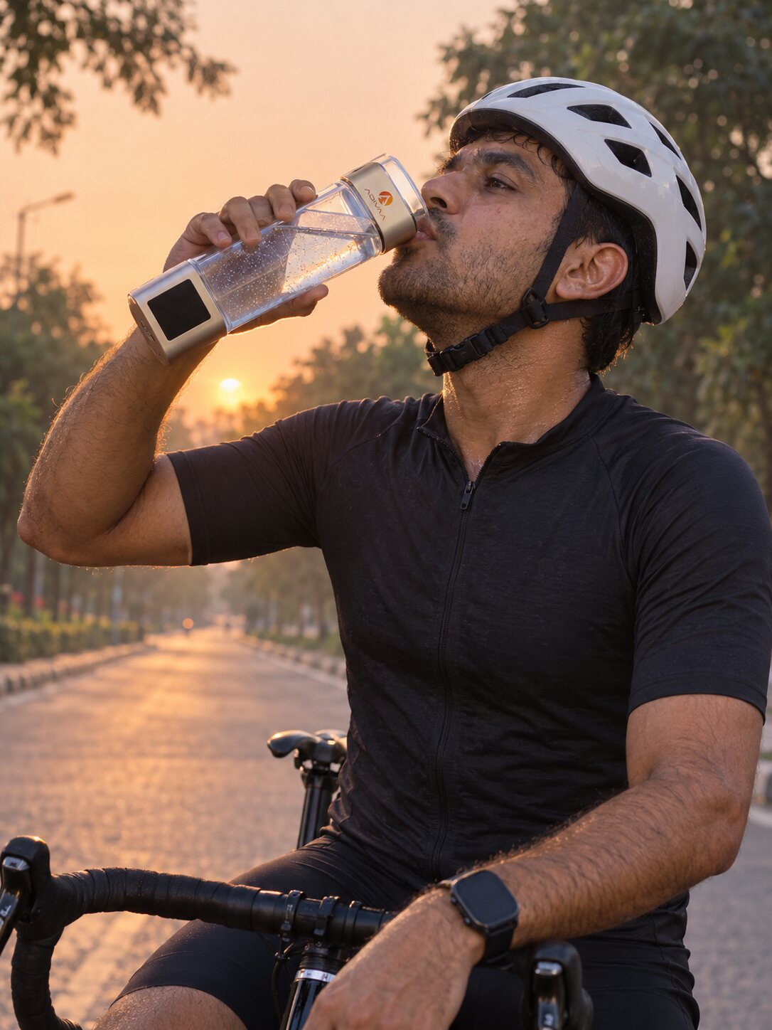 A cyclist drinking from the HydroUltra at sunrise