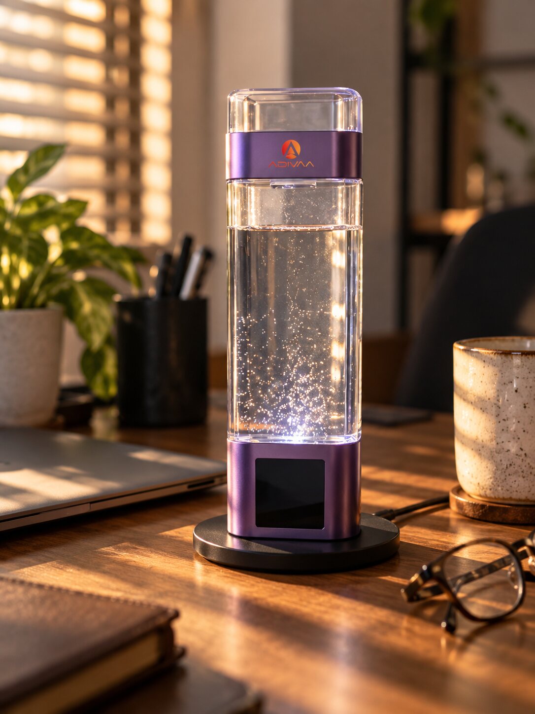The Purple HydroUltra on a wireless charging pad on a desk, glowing