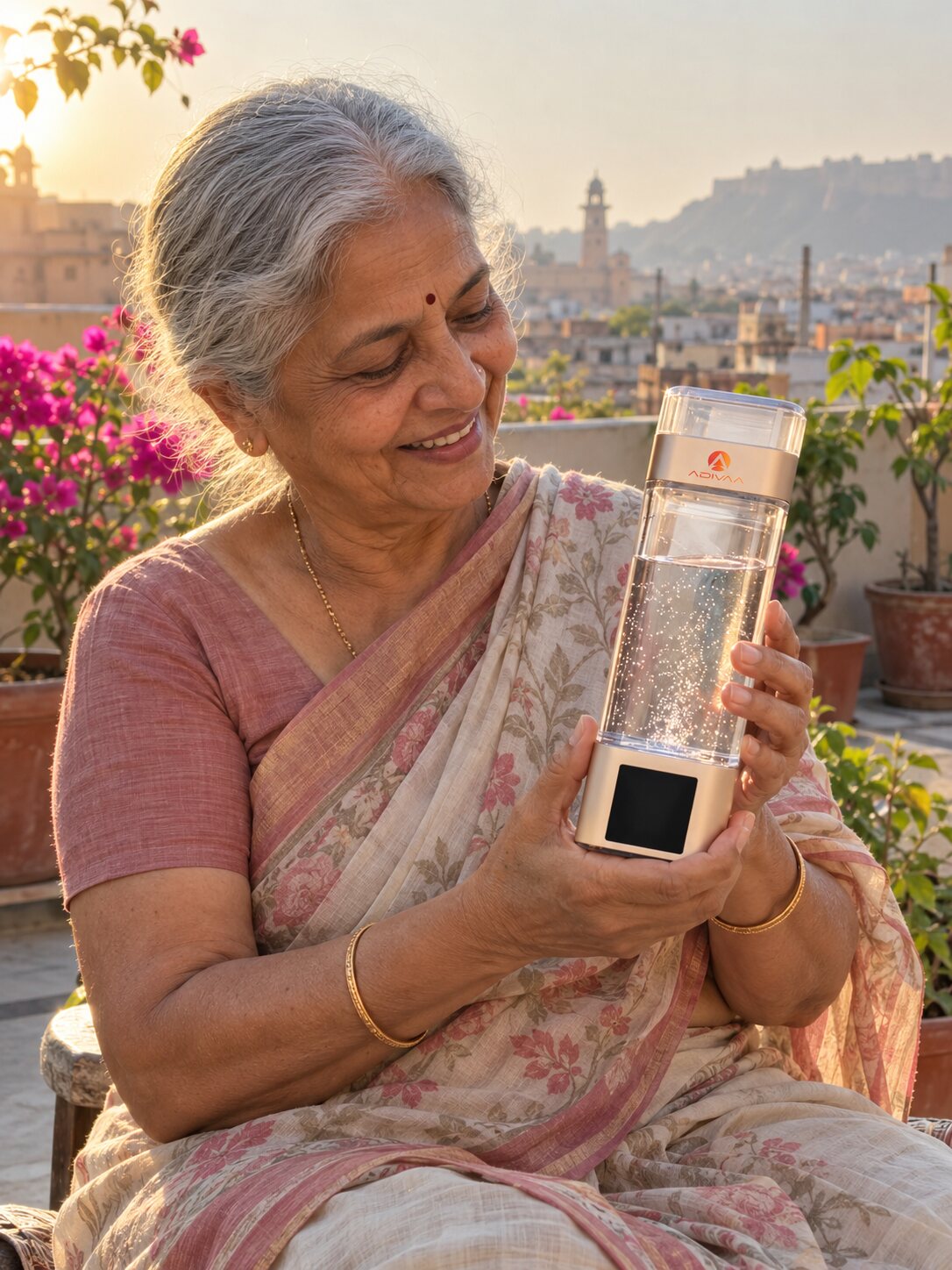 An older woman smiling with her Champagne Gold HydroUltra on a terrace