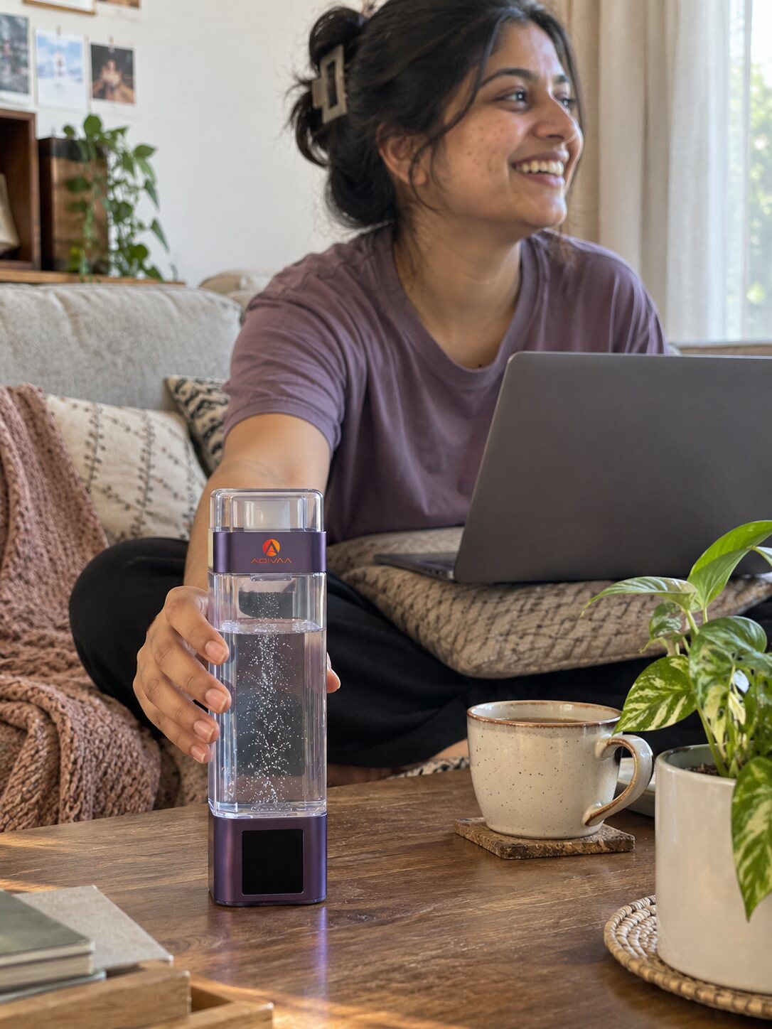 A woman on her sofa reaching for the Purple HydroUltra