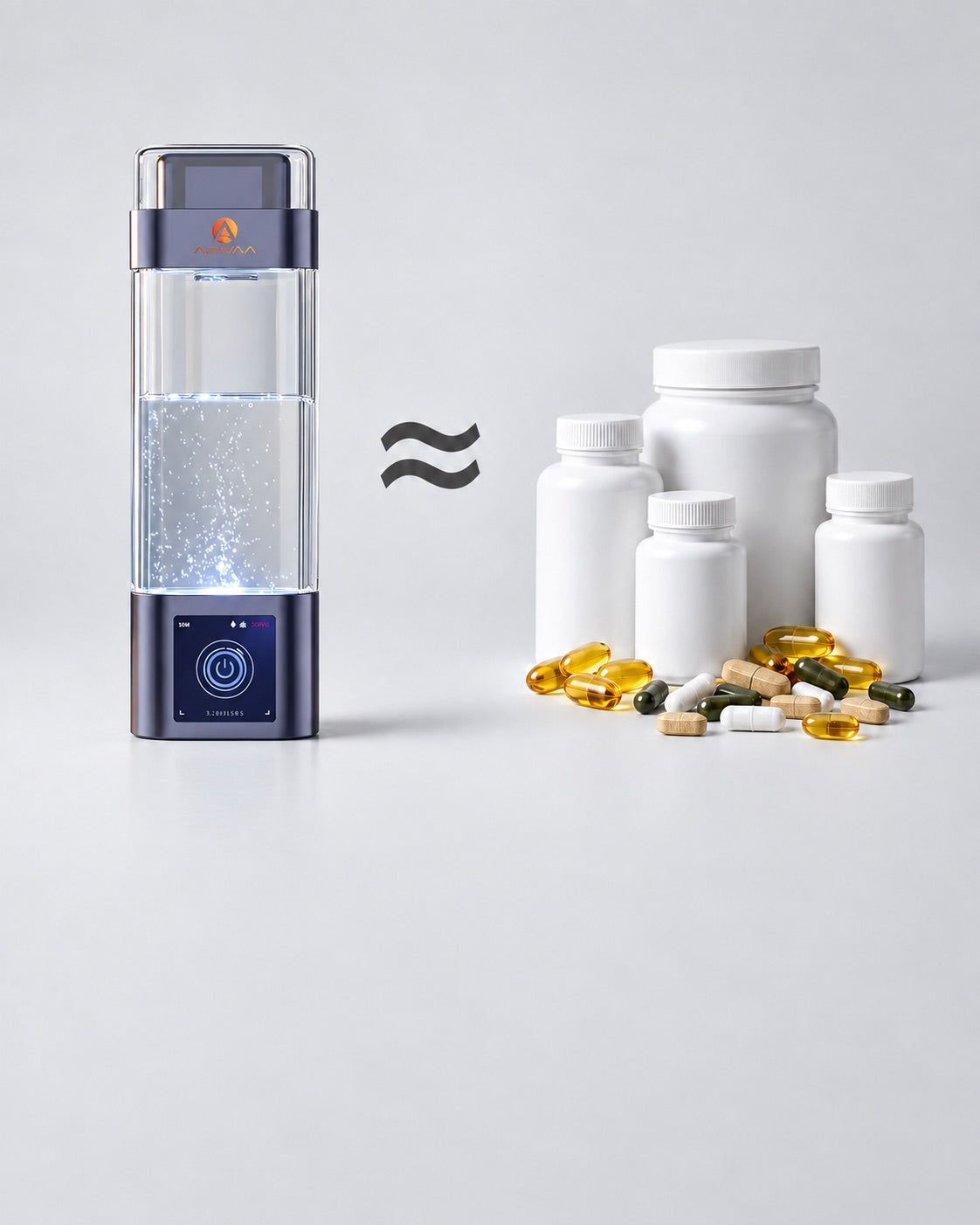 The HydroUltra bottle beside a pile of supplement bottles and capsules