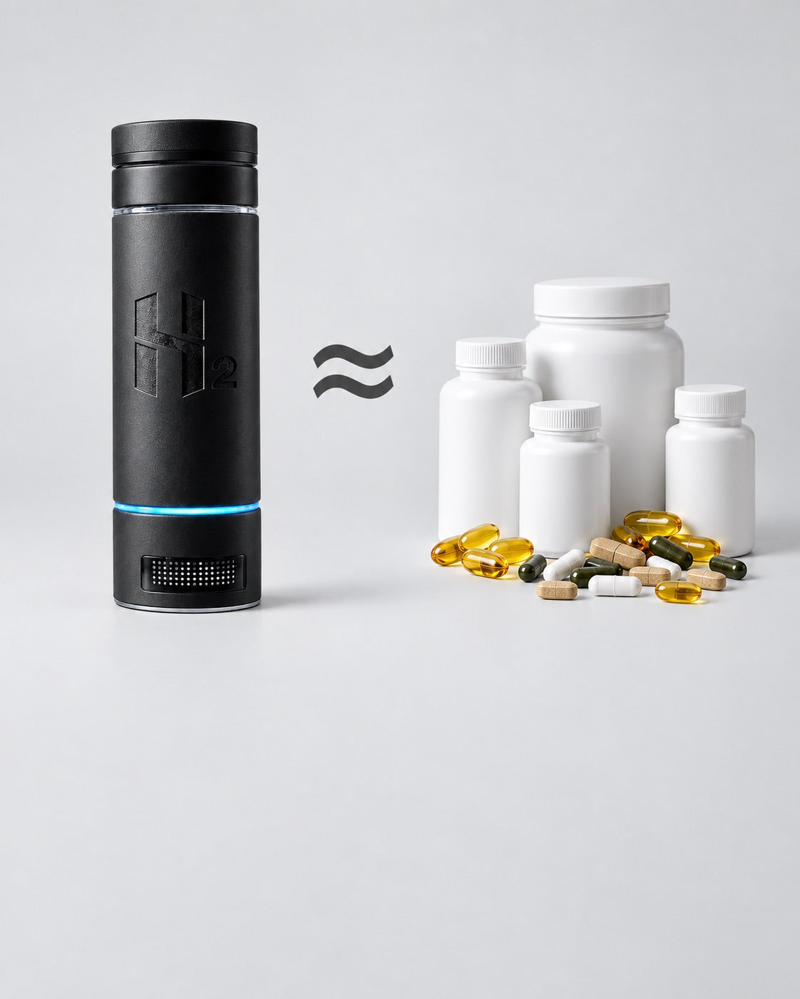 The HydroMax bottle beside a pile of supplement bottles and capsules