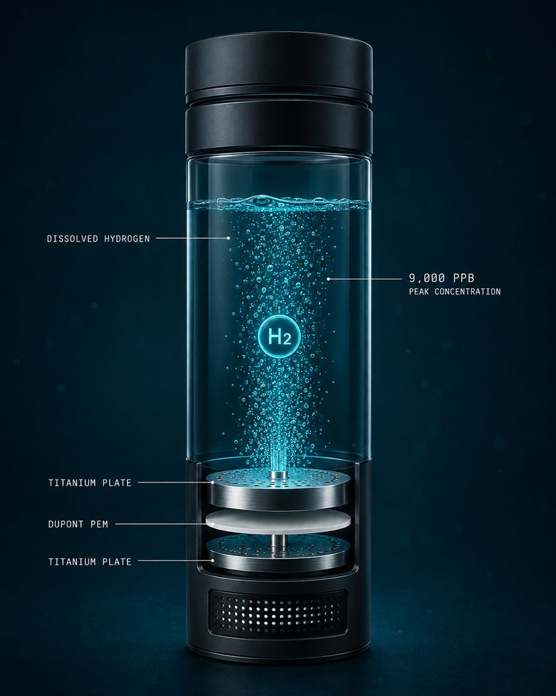 Cutaway of the HydroMax bottle, labelled: dissolved hydrogen at 9,000 PPB peak concentration rising through the water, above two titanium plates separated by a DuPont PEM membrane