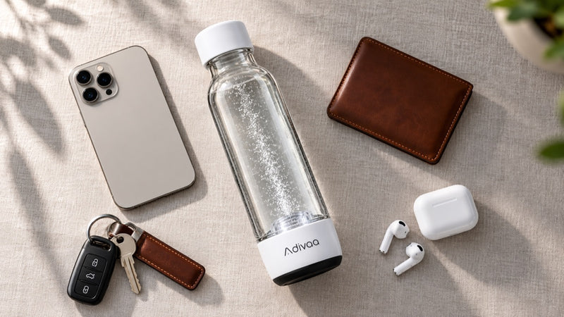 HydroGo lying beside a smartphone, keys, a wallet and earbuds, for scale