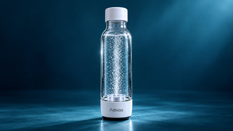 HydroGo against a deep teal backdrop, a column of hydrogen micro-bubbles rising through the water