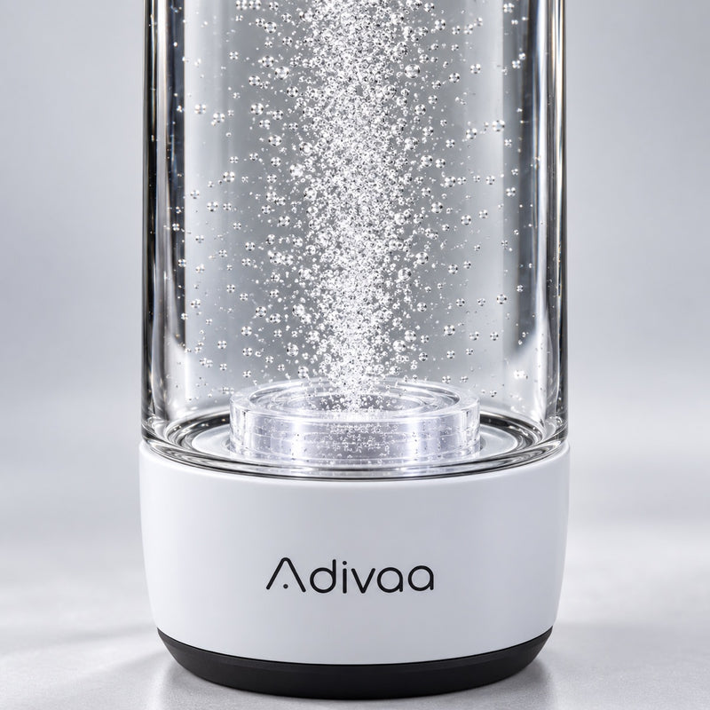Close-up of fine hydrogen micro-bubbles rising from the generator in HydroGo's white base