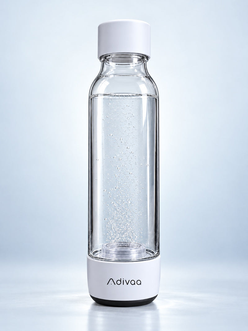 Adivaa HydroGo 450 ml portable hydrogen water bottle: a clear body between a white cap and a white base with the Adivaa wordmark